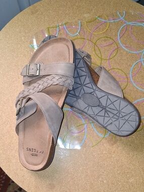 gentle souls Taupe Braided Buckle Slide Sandals